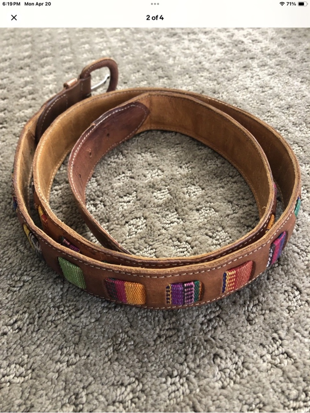 Vtg Brown Leather Belt with Multicolor Woven Inlay - Men